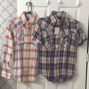 Bundle of 2 Sm sized button down checked patterned cotton shirts.
